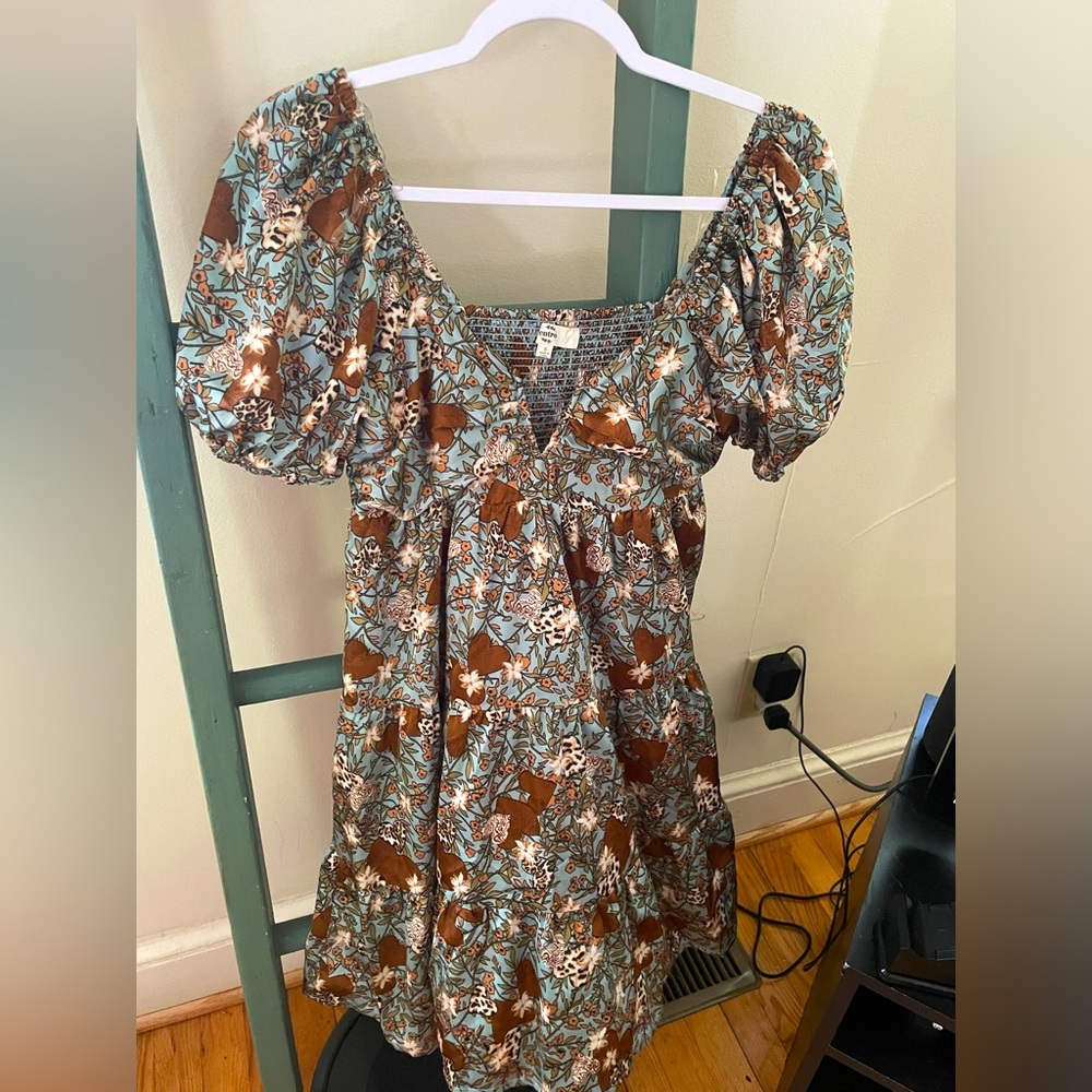 Baby doll satin blue and brown pattern dress